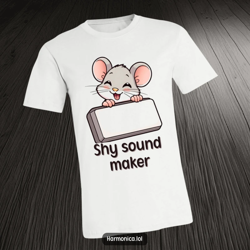Funny t-shirt featuring a giggling mouse peeking shyly from behind a harmonica, sharing a humorous moment.