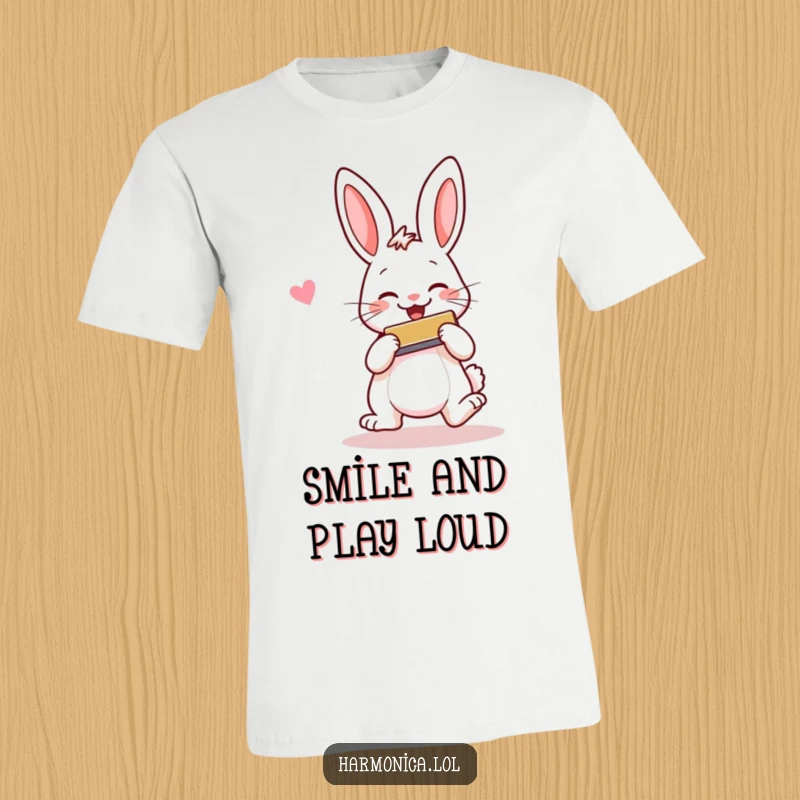 Funny t-shirt featuring a cheerful rabbit, hopping and smiling, playing a harmonica, perfect for happy vibes and music lovers.