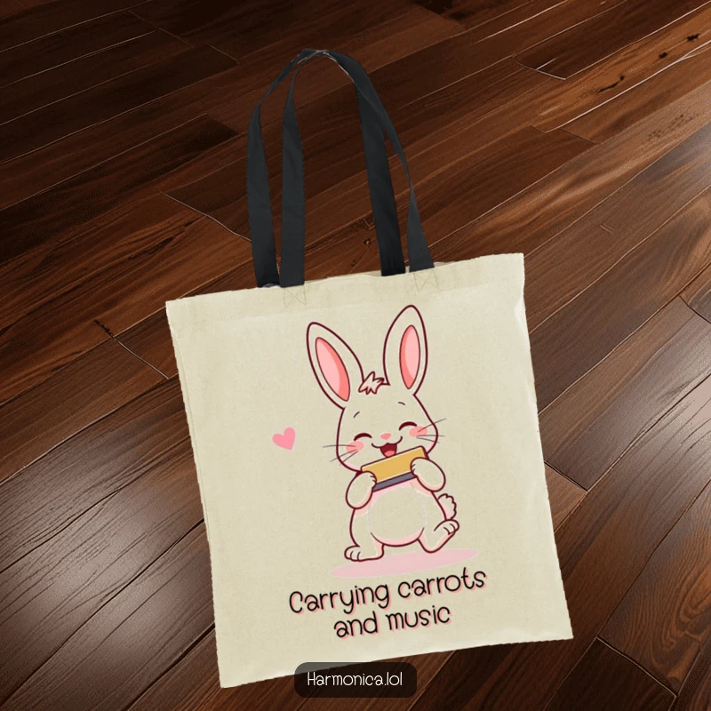 Funny tote bag with a cheerful rabbit hopping and smiling, playing a harmonica, perfect for shopping and carrying happy vibes.