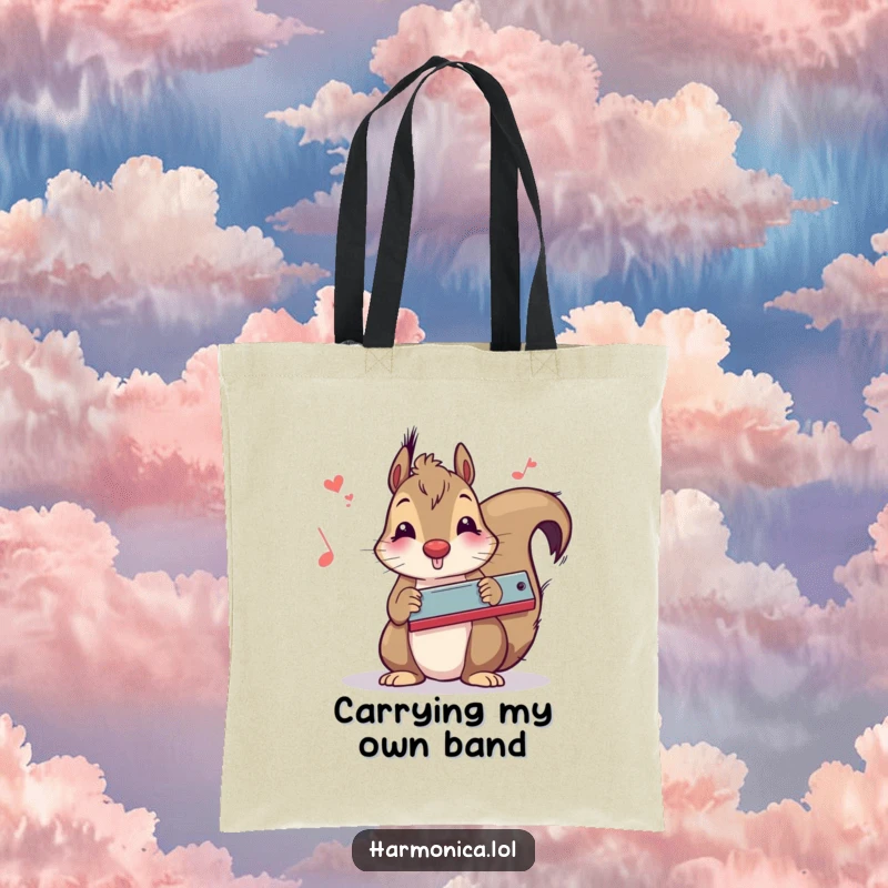 Funny squirrel harmonica tote bag showcasing a musical squirrel, perfect for carrying essentials with a dose of animal humor and style.