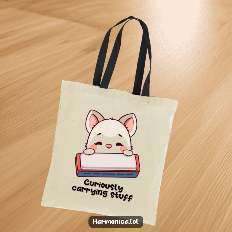 Funny tote bag: A shy creature peeks from behind a harmonica, nose twitching curiously, embodying playful intrigue and musical interest.