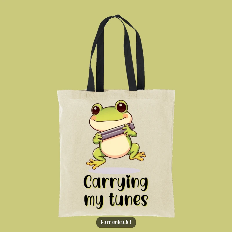 Funny Cheerful Frog Harmonica Tote Bag: Musical Fun, Carry-All Gift