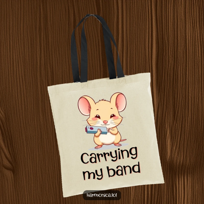 Funny Determined Mouse Harmonica Tote Bag: A tiny mouse playing a harmonica with great determination, a funny and practical accessory.
