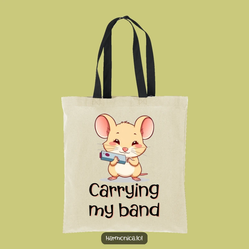 Funny Determined Mouse Harmonica Tote Bag: Musical Art, Carry-All Gift