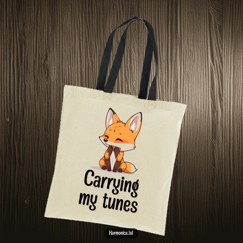 Funny tote bag with a curious fox playing a harmonica, ready for adventures, spacious and stylish.