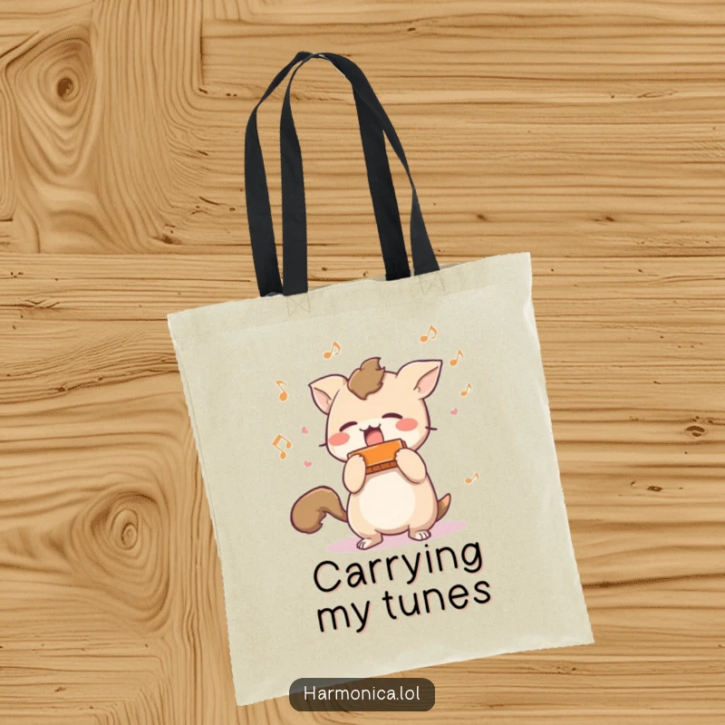 Funny tote bag: A short-tailed creature shaking a harmonica surrounded by musical notes, symbolizing spontaneous, joyful music.
