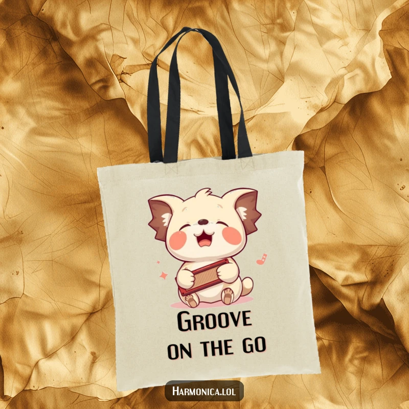 Funny tote bag: A floppy-eared creature bounces its head to a harmonica played with its paws, embodying a love for music.